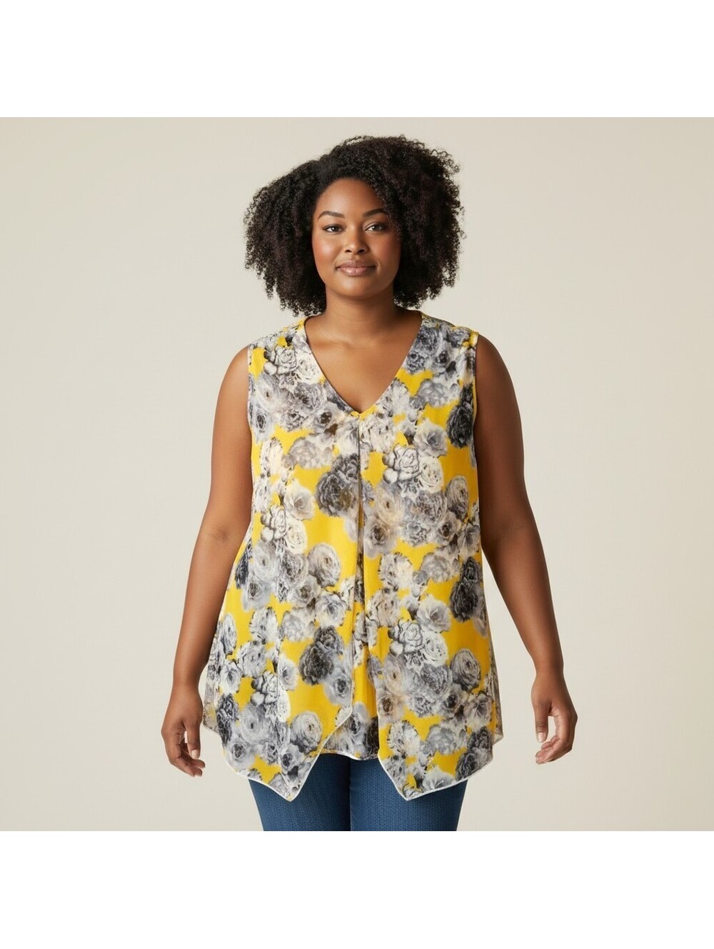 Adele & May Blouse Women XL Yellow Floral V-Neck Sleeveless Wide Strap Casual